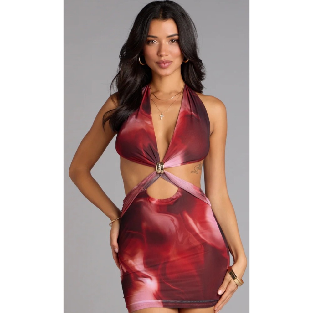 windsor M party Red Abstract artsy whimsigoth Print Cutout Mini Dress‎